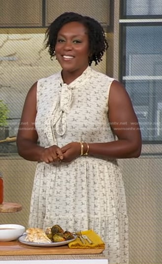 Maya Feller’s white horse print tie neck dress on Good Morning America