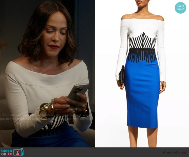 McQueen Off-The-Shoulder Corset Jacquard Midi Dress worn by Lisa Todd Wexley (Nicole Ari Parker) on And Just Like That
