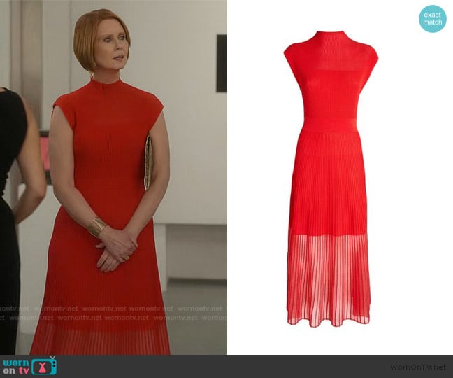 Me and Em Sheer-panel pleated knitted maxi dress worn by Miranda Hobbs (Cynthia Nixon) on And Just Like That
