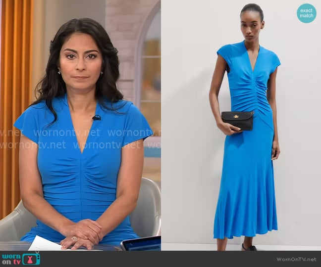 Me + Em Fluid Crepe Jersey Pleat Front Maxi Dress worn by Dr. Celine Gounder on CBS Mornings