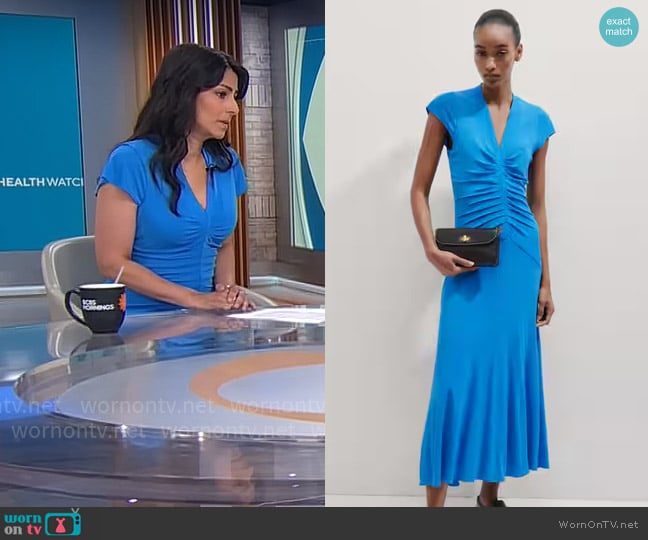 Me + Em Fluid Crepe Jersey Pleat Front Maxi Dress worn by Dr. Celine Gounder on CBS Mornings