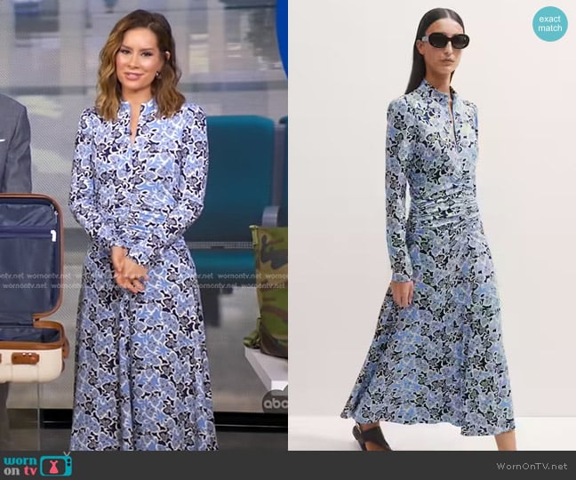 Me + Em Graphic Ribbon Floral Print Midi Dress worn by Rebecca Jarvis on Good Morning America