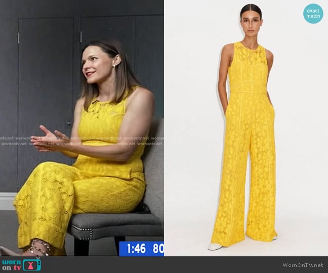 ME + EM Statement Guipure Lace Jumpsuit in yellow worn by Maggie Rulli on Good Morning America
