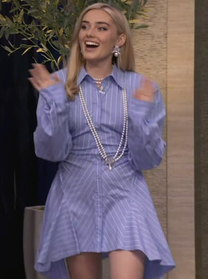 Meg Donnelly's blue striped asymmetric dress on Live with Kelly and Mark