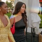 Melissa’s black pleated one shoulder dress on The Valley