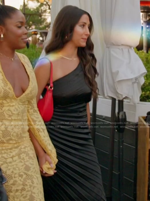 Melissa's black pleated one shoulder dress on The Valley