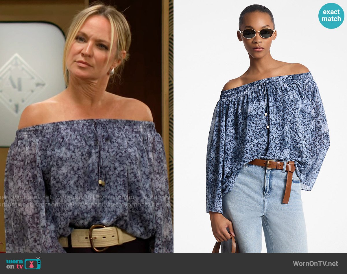 MICHAEL Michael Kors Tie-Dye Floral Georgette Off-the-Shoulder Top worn by Sharon Newman (Sharon Case) on The Young and the Restless