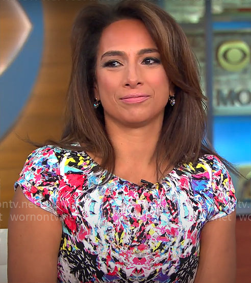 Michelle Miller's abstract print cap-sleeve dress on CBS Mornings