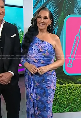 Michelle Visage’s blue floral one-shoulder dress on Today