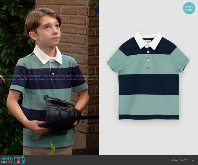 Miles the Label Boys Yarn-Dyed Stripe Rugby Top in Navy and Seafoam worn by Thomas DiMera (Cary Christopher) on Days of our Lives