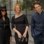 Miranda’s black asymmetric neckline dress on And Just Like That