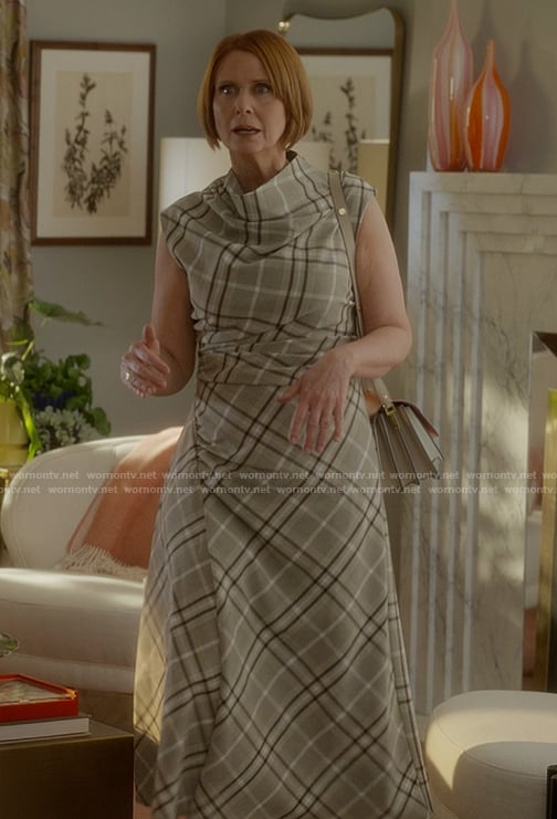 Miranda's plaid gathered dress on And Just Like That