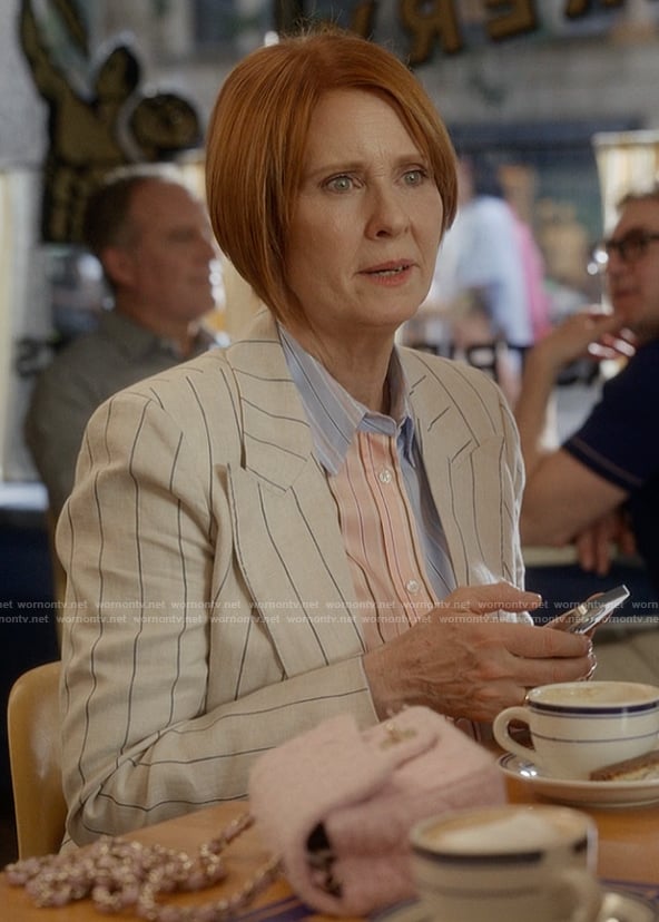 Miranda's colorblock striped shirt on And Just Like That