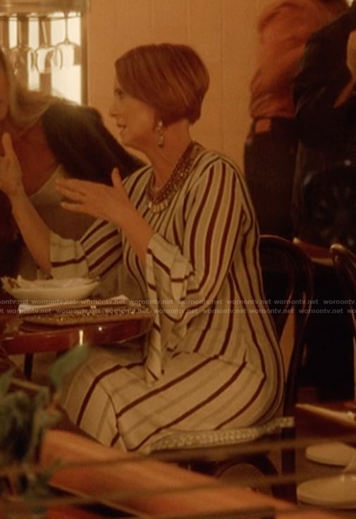 Miranda's striped bell sleeve dress on And Just Like That