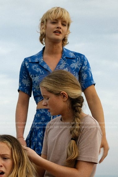 Mirren's blue floral print top and skirt on We Were Liars