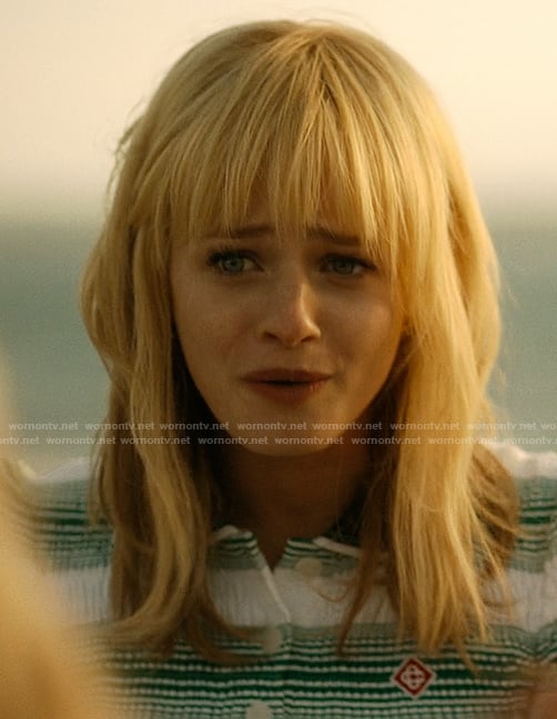 Mirren's green stripe knit polo on We Were Liars