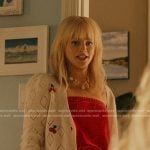 Mirren’s red strapless romper and white pointelle cherry cardigan on We Were Liars