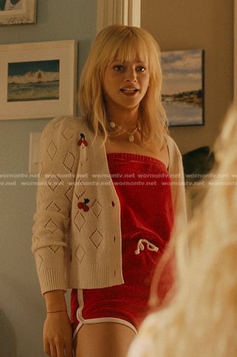 Mirren's red strapless romper and white pointelle cherry cardigan on We Were Liars