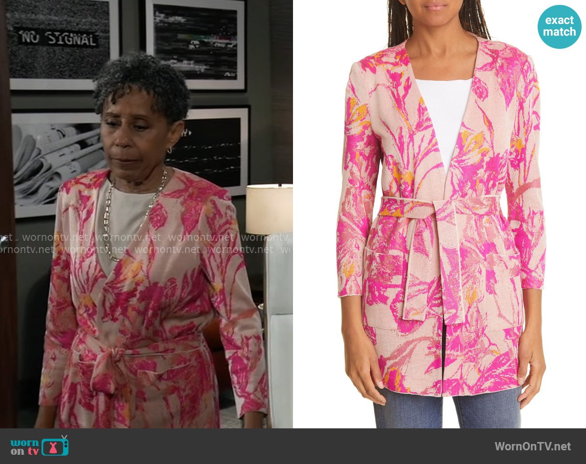 Misook Tropical Floral Jacquard Belted Cardigan worn by Stella Henry (Vernee Watson) on General Hospital