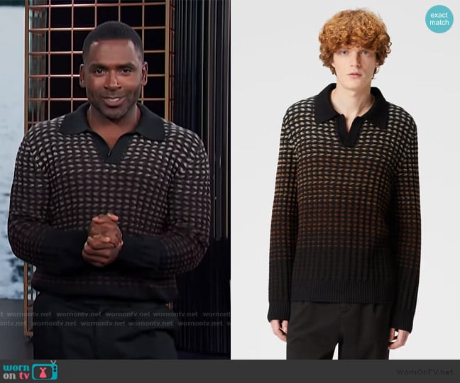 Missoni Long-sleeved polo shirt in textured virgin wool knit worn by Justin Sylvester on E! News