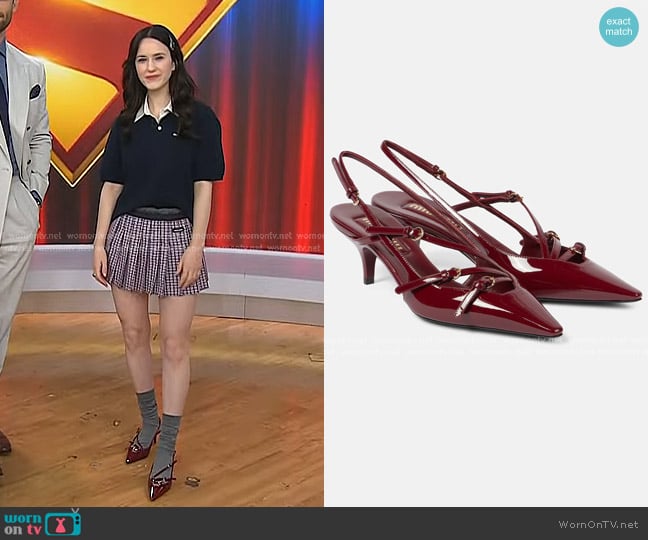 Miu Miu Patent Buckle-Trio Slingback Pumps in porpora worn by Rachel Brosnahan on Today