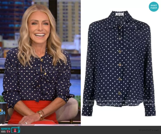 Miu Miu Polka-dot silk shirt worn by Kelly Ripa on Live with Kelly and Mark
