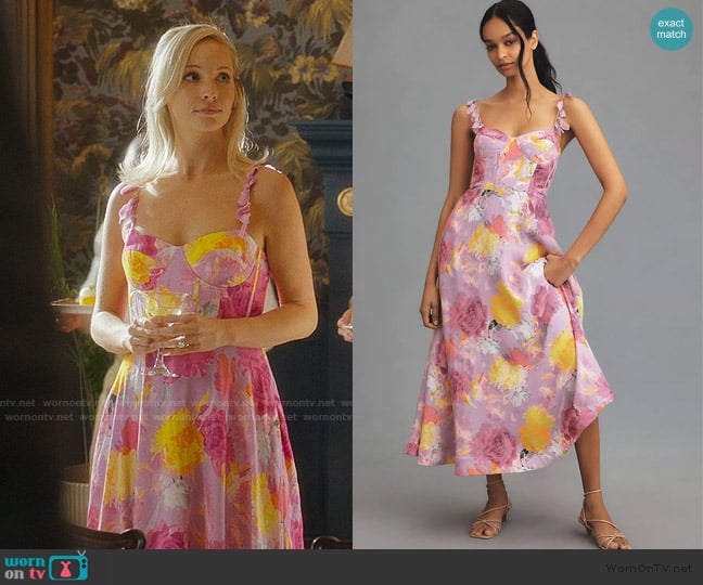 ML Monique Lhuillier Carmen Sweetheart Linen Midi Dress worn by Elizabeth Sinclair (Candice King) on We Were Liars