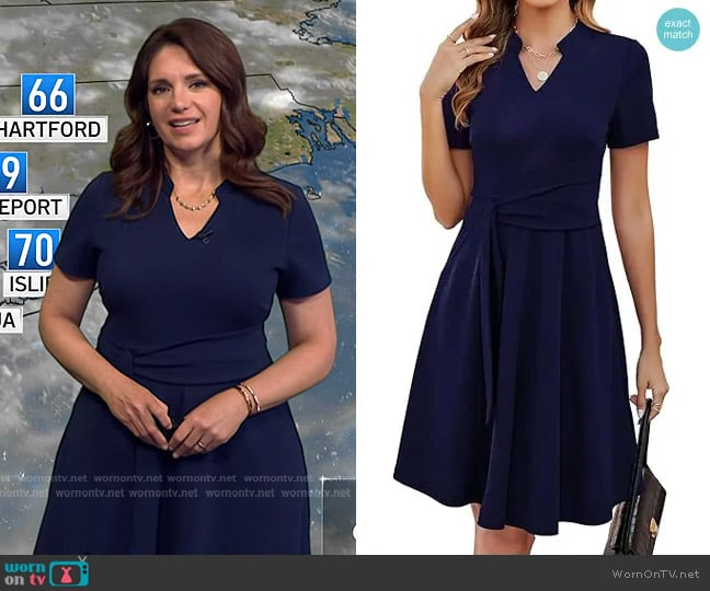 Mokayee at Amazon Short Sleeve V Neck Fit and Flare Dress in Navy Blue worn by Maria Larosa on Today