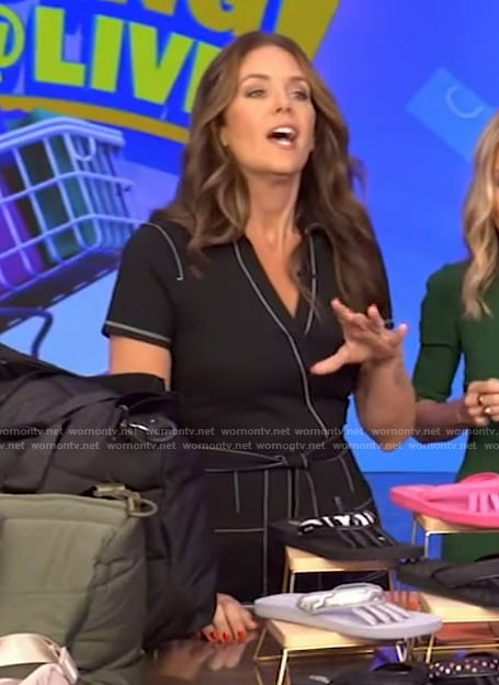 Monica Mangin’s black contrast stitch jumpsuit on Live with Kelly and Mark