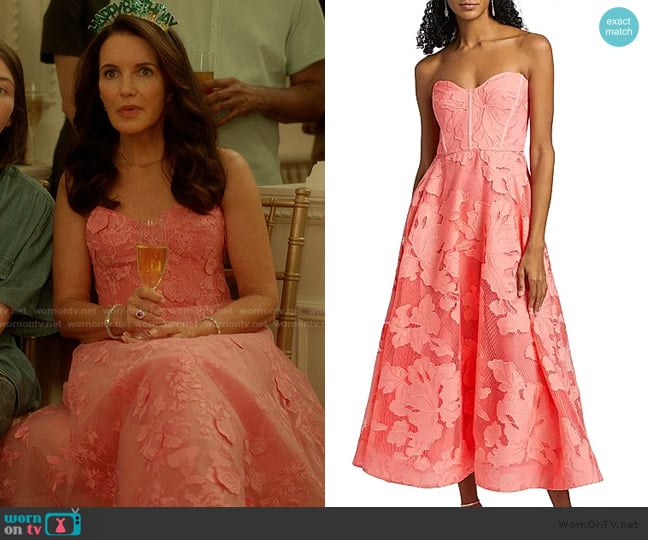Monique Lhuillier Strapless Lace Tea Length Dress worn by Charlotte York (Kristin Davis) on And Just Like That