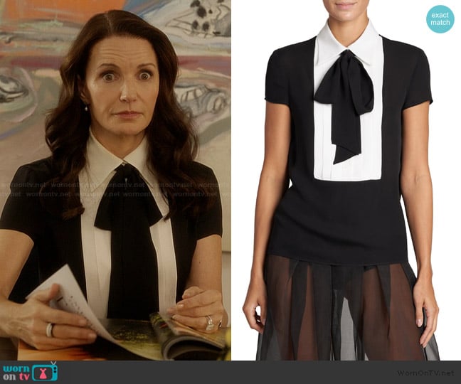 Moschino Two-Tone Silk Tie-Neck Blouse worn by Charlotte York (Kristin Davis) on And Just Like That