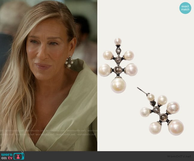 Nakard Radiant Earrings with Pearls, Black Moonstone and Enamel worn by Carrie Bradshaw (Sarah Jessica Parker) on And Just Like That