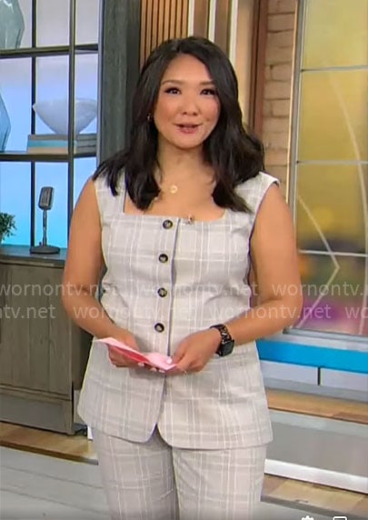 Nancy Chen’s plaid vest top and pants set on CBS Mornings