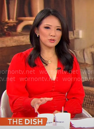 Nancy Chen's red button front dress on CBS Mornings