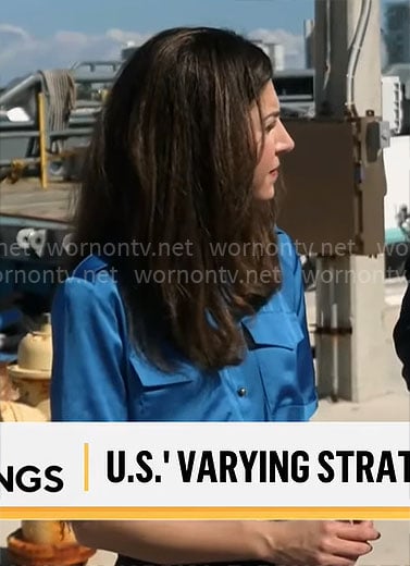 Nicole Sganga's blue satin shirt on CBS Mornings