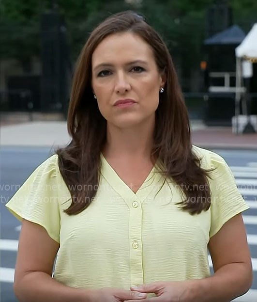 Nikki Battiste’s yellow button front top on CBS Mornings