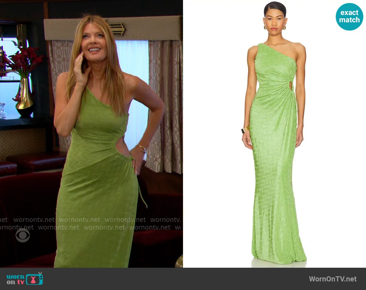 Phyllis’s green one-shoulder maxi dress with cutout on The Young and the Restless