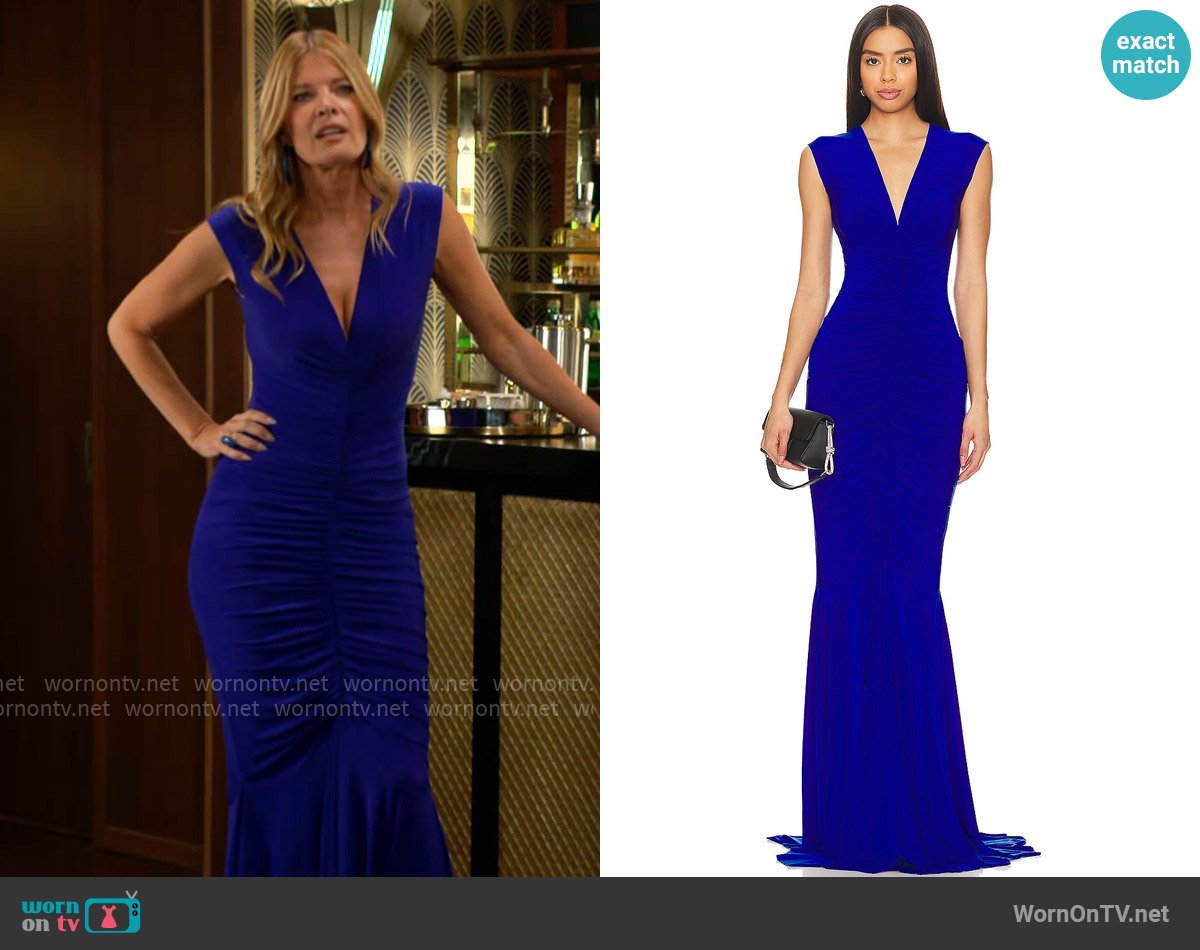 Norma Kamali Sleeveless Deep V Neck Shirred Front Fishtail Gown in Electric Blue worn by Phyllis Summers (Michelle Stafford) on The Young and the Restless