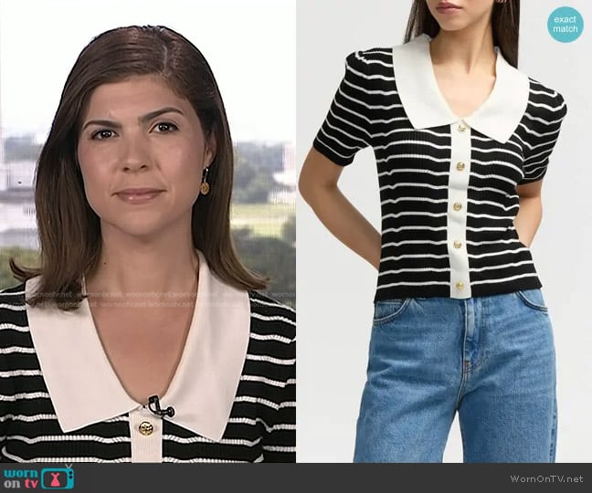 NVLT Stripe Short Sleeve Sweater in Black/ Marshmallow Stripe worn by Monica Alba on NBC News Daily