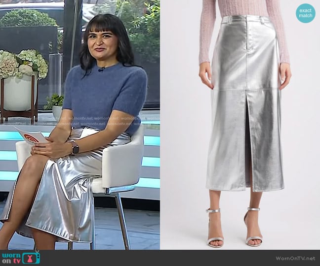 Open Edit Metallic Faux Leather Midi Skirt worn by Sonal Dutt on Today