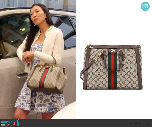  Ophidia Top Handle Tote GG Coated Canvas Medium worn by Katie Ginella on The Real Housewives of Orange County
