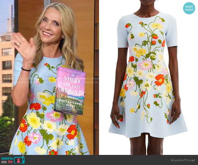 Oscar de la Renta Painted Poppies-jacquard Minidress in Light Blue Mult worn by Patti Callahan Henry on Good Morning America