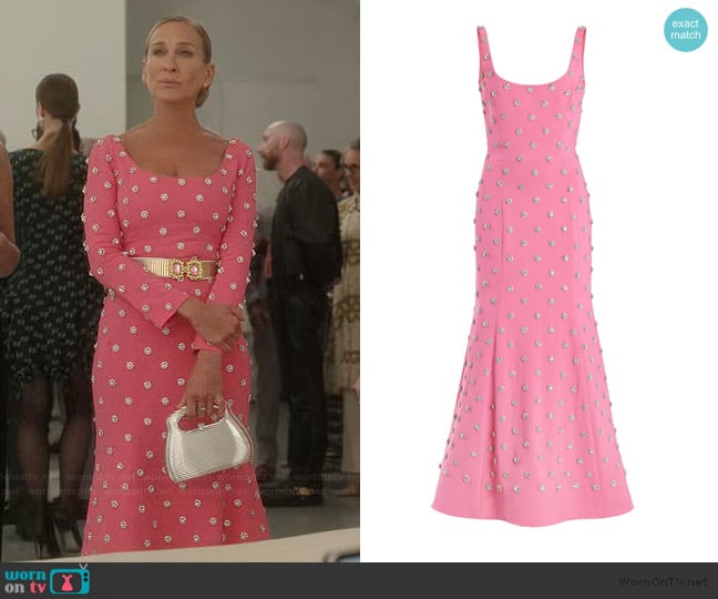 Oscar de la Renta Pearl-Embellished Midi Dress worn by Carrie Bradshaw (Sarah Jessica Parker) on And Just Like That
