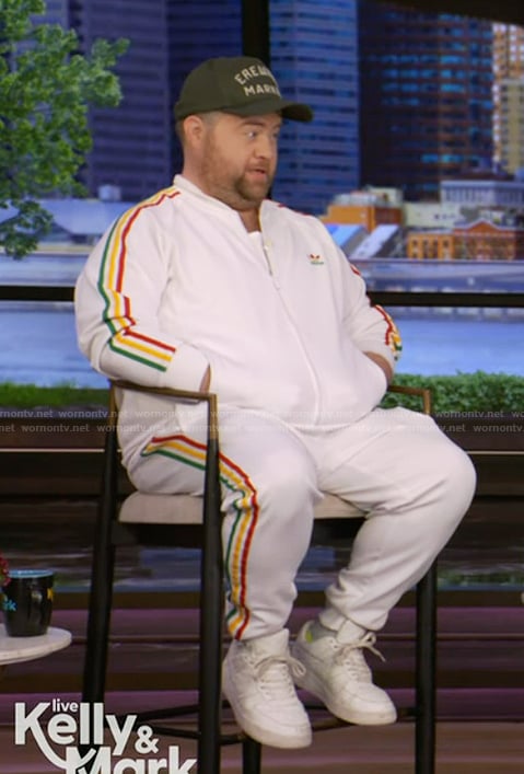 Paul Walter Hauser’s white track jacket and pants on Live with Kelly and Mark
