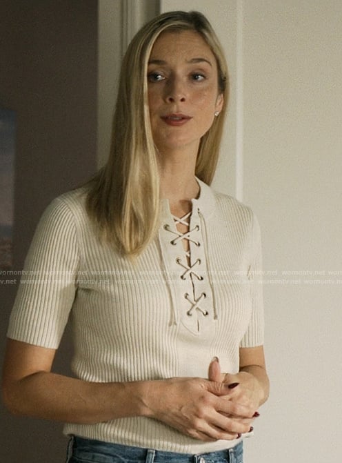 Penny’s white lace-up front top on We Were Liars