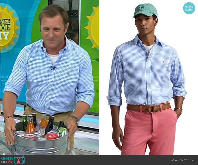 Polo Ralph Lauren Gingham Oxford Shirt in Light Blue White worn by George Oliphant on Today