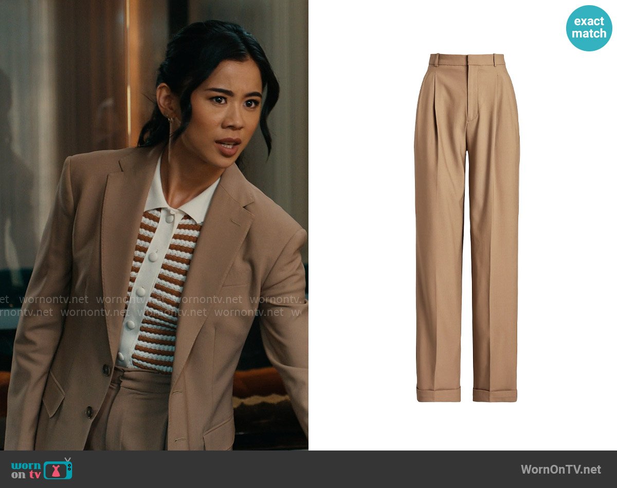 Polo Ralph Lauren Wool Pleated Wide-Leg Pants in Camel worn by Sarah Franklin (Leah Lewis) on Matlock
