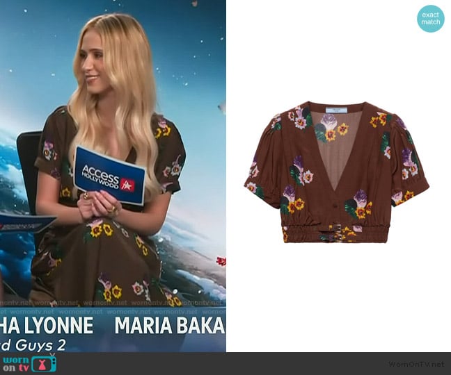 Prada floral-print cropped top worn by Maria Bakalova on Access Hollywood