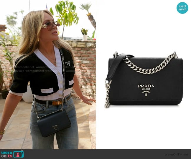 Prada Saffiano City Calfskin Flap Bag Black worn by Tamra Judge on The Real Housewives of Orange County