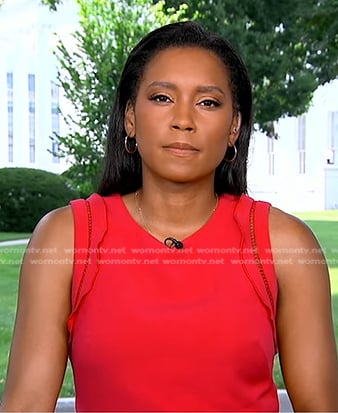 Rachel’s red ruffle sleeveless dress on Good Morning America